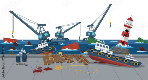 Dramatic Port Scene Depicting Shipwreck Damaged Lighthouse and Cranes.