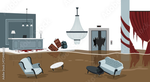Flooded Hotel Lobby with Broken Elevator Luggage and Submerged Furniture.