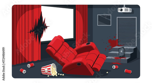 A Desolate Movie Theater Scene After a Violent Event.