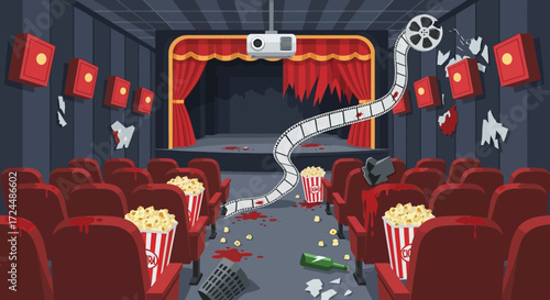 Cartoon Movie Theater Scene with Red Seats Popcorn Broken Glass and Blood.