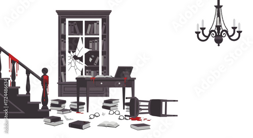 Bloodstained Study Shattered Glass Scattered Books and Overturned Chair.