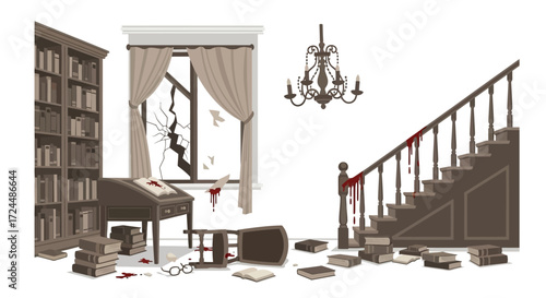 A Scene of Violence Bloodied Staircase and Chaotic Interior Depiction.