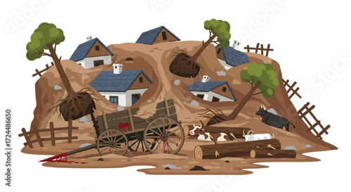 A Village Destroyed by a Landslide with Animals and Debris.
