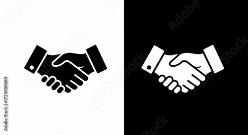 Partnership Handshake Icons: Two stylized handshake icons, one in a stark monochrome against a dark background, and the other rendered as its negative, symbolizing agreement, unity.