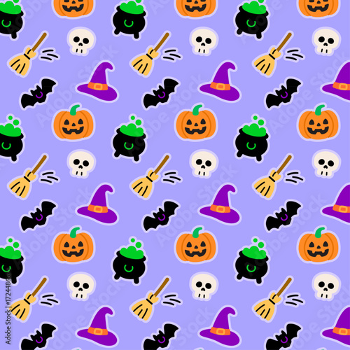 A repeating pattern featuring whimsical Halloween characters, including witches, pumpkins, and bats.