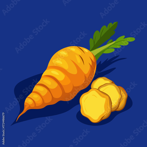 A close-up of fresh turmeric root with its vibrant orange flesh exposed, next to a whole knobby rhizome. On a contrasting dark blue background, emphasizing the intense color.