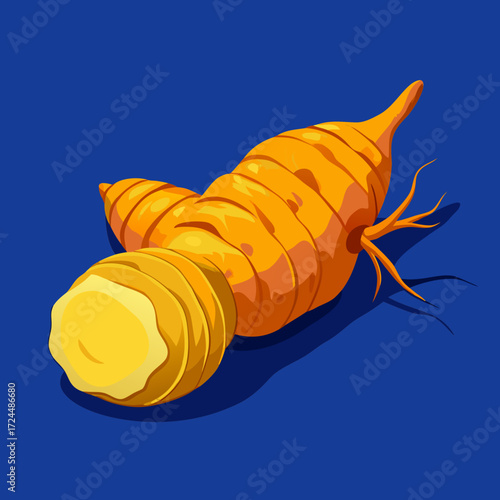 A close-up of fresh turmeric root with its vibrant orange flesh exposed, next to a whole knobby rhizome. On a contrasting dark blue background, emphasizing the intense color.