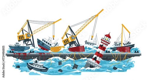 Port Disaster Damaged Vessels and Cranes Amidst Stormy Waters.