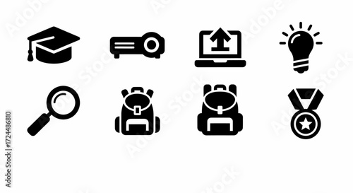 Essential Educational Icons: A set of meticulously crafted black icons representing key elements of the education system, symbolizing learning and intellectual pursuits.