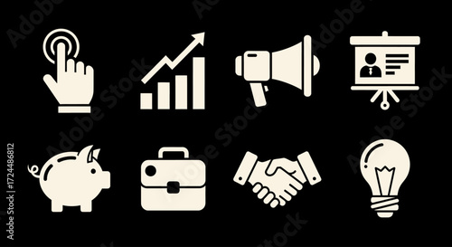 Business Icon Collection: A comprehensive set of stylish, minimalist icons representing essential business concepts, designed with sleek lines and a timeless aesthetic on a dark background.