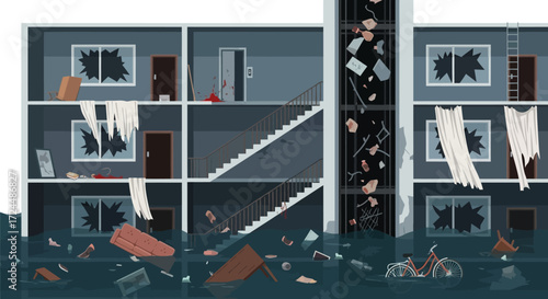 Flooded Apartment Building Interior with Debris and Broken Windows.