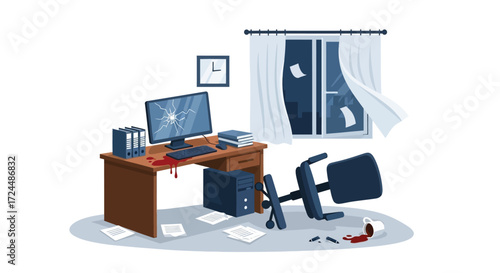 Chaotic Office Scene Depicting a Violent Incident with Broken Computer.