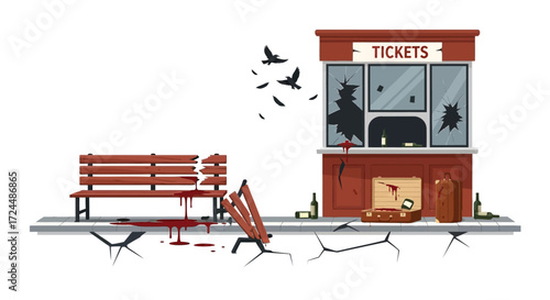 Desecrated Ticket Booth and Broken Bench with Bloodstains.