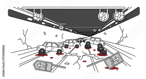 Graphic Depiction of a Catastrophic Road Accident with Damaged Vehicles.