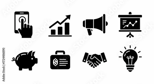 Modern Business Symbols: A collection of minimalist and iconic business symbols that represent core concepts and ideas, rendered in sleek and modern graphics for professional use.
