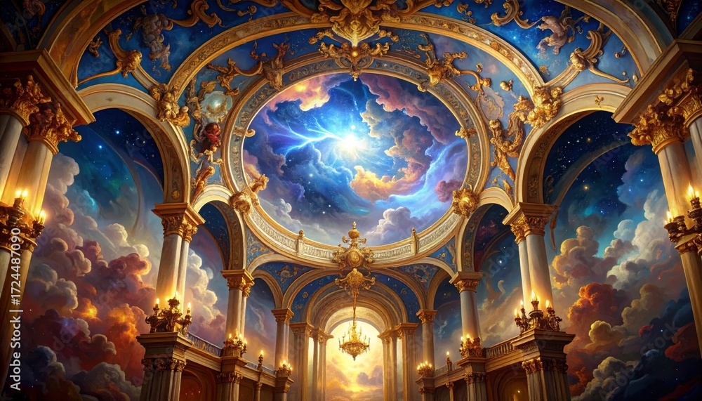 Obraz premium Grand Baroque Hall with a Celestial Dome Revealing a Cosmic Sky