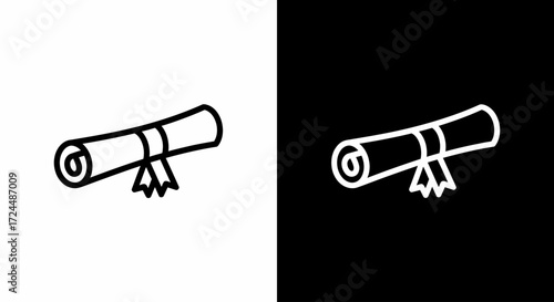 Degree Icon in Black and White: A symbolic representation of academic achievement and accomplishment, perfect for educational or celebratory designs. Featuring graduation, diploma, and degree scroll.