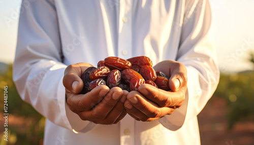A man was holding ripe dates with both hands