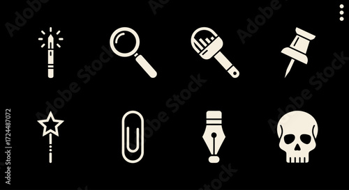 Creative Tools: A collection of minimalist illustrations, including a magic wand, magnifying glass, paintbrush, pushpin, paperclip, ink pen, and skull, arranged against a stark backdrop of black.