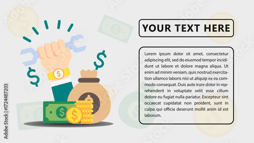 Power UP Life, Smart Work, Hard Work with Money Bag, Banknotes, Dollar Coins. Flat Simple Infographics Design Template. Presentation Graph. Vector Illustration for Business, Financial.