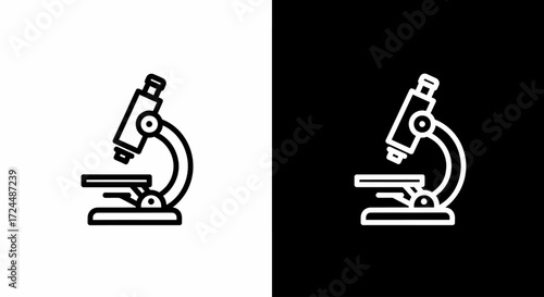 Microscope in Science Lab: A crisp, black and white illustration of a microscope, symbolizing scientific exploration and the pursuit of knowledge, set against contrasting backgrounds.