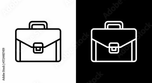 Business Briefcase Icon: A minimalist icon of a classic briefcase, rendered in bold lines, positioned against both a pristine white and a stark black background.