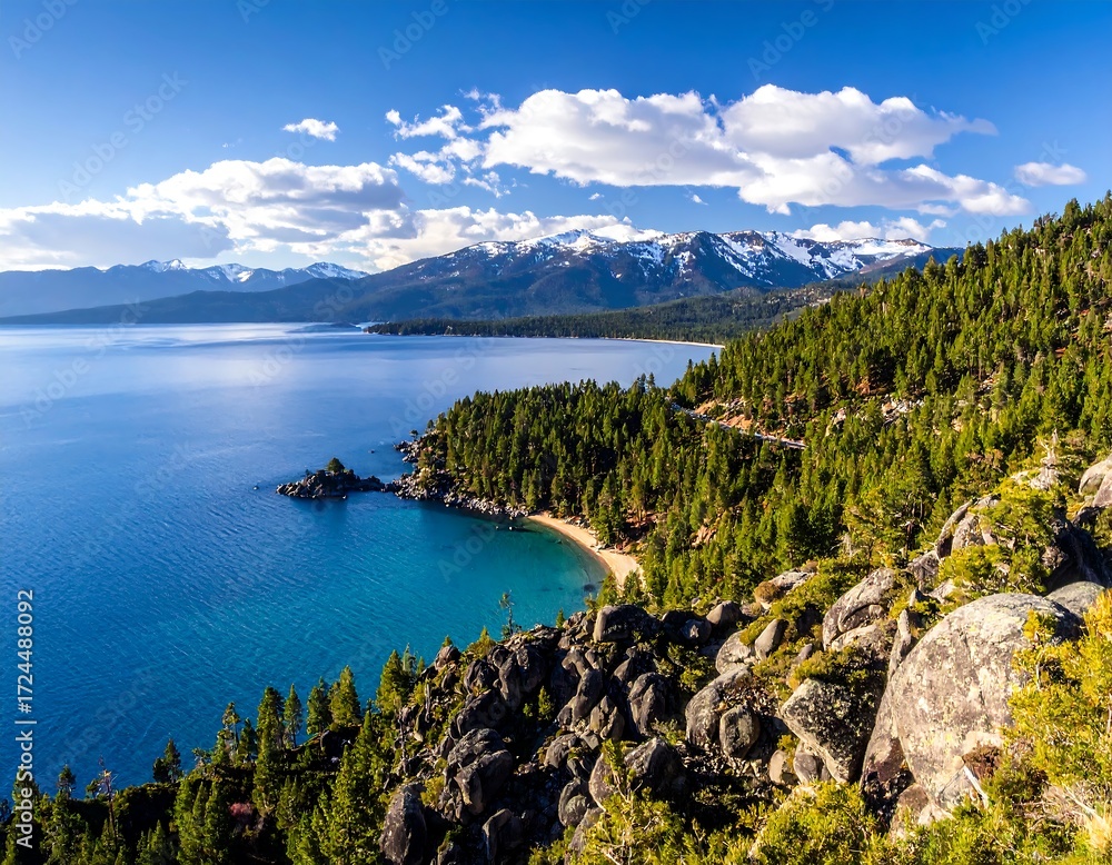 Obraz premium Scenic lake vista with mountains and trees