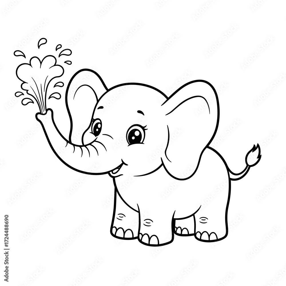 Fototapeta premium A playful baby elephant stands with a raised trunk spraying water in a joyful arc. Its big eyes, smiling face, and rounded feet give it a friendly, childlike charm.