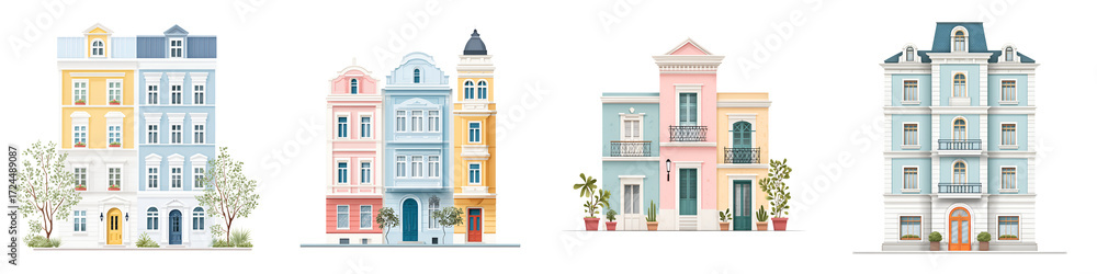 Obraz premium Watercolor European City Buildings Set