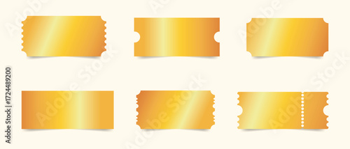 Set of golden tickets. Golden ticket template. Golden tickets for cinema, concert, casino, club, theater, festival, circus, film, movie. Vector illustration