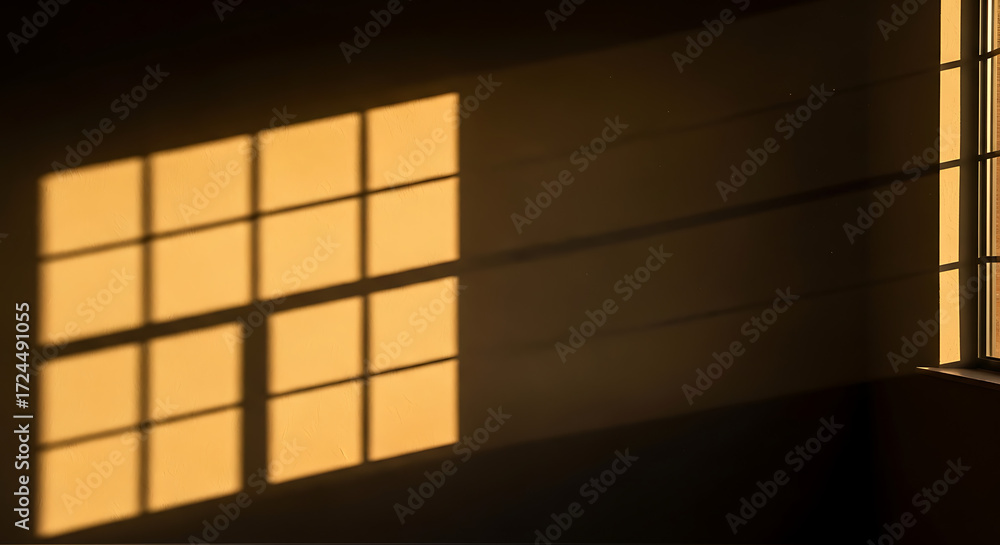 Fototapeta premium Golden hour light rays through window creating dramatic shadows on empty wall — moody and cinematic