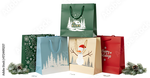 Group of christmas gift bags isolated on transparent background for holiday season