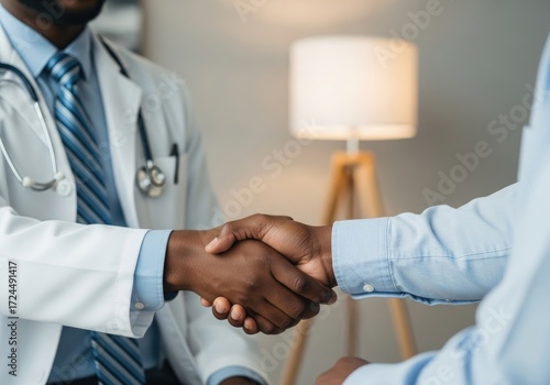 African doctor in lab coat shaking hands with patient, modern interior background