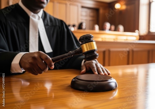 African Judge Holding Gavel in Courtroom on Polished Wooden Table, CloseUp