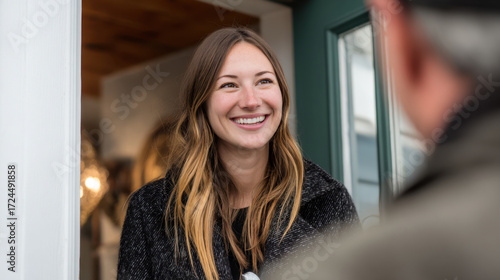 Smiling woman greeting someone at the door with long hair wearing a black coat warmly in a well-lit indoor environment inviting atmosphere.
