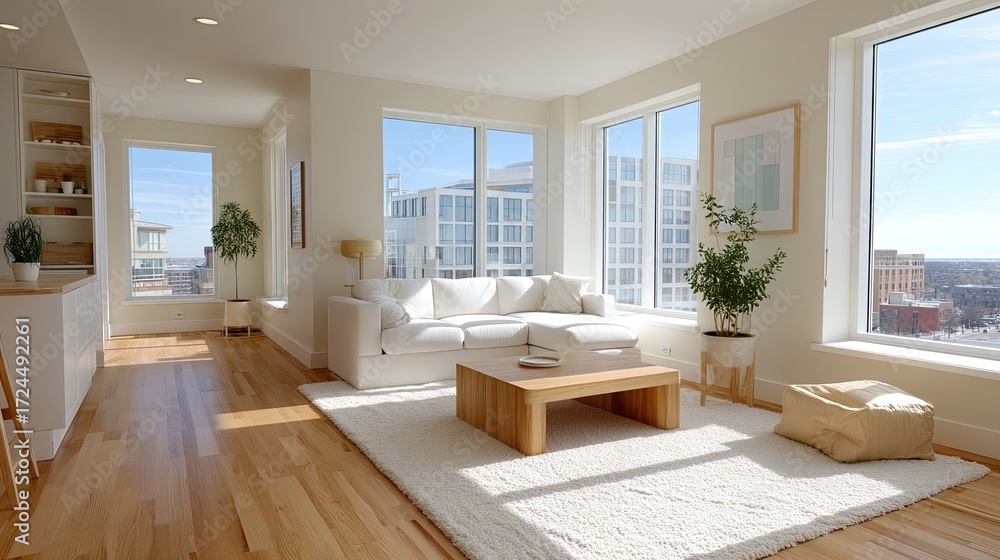 Fototapeta premium Bright Modern Living Room Interior Design with White Sofa and Wood Floor Sunlight Streaming Through Windows Creates Airy Atmosphere