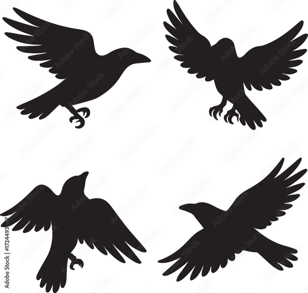 Obraz premium big crow bird silhouette icons set side, front, back, and top views vector art illustration 