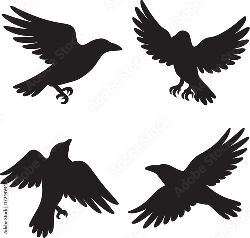 big crow bird silhouette icons set side, front, back, and top views vector art illustration 