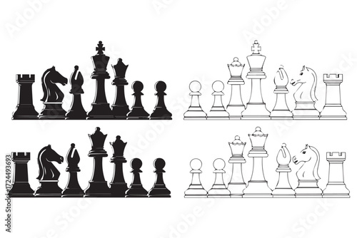 Contrasting chess sets, black and white silhouettes, isolated on Transparent Background