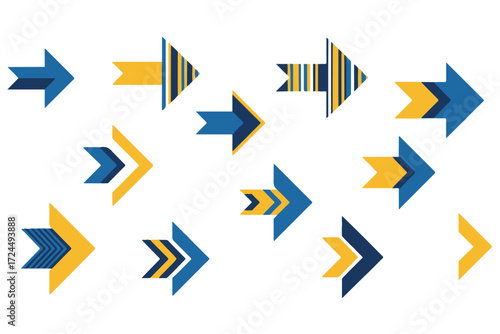 Colorful arrow icons in blue and yellow, pointing in various directions isolated on Transparent Background