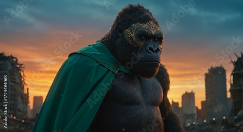 Gorilla superhero sunset cityscape