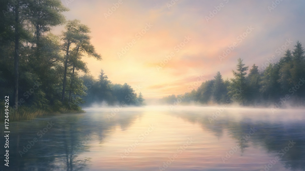 Fototapeta premium Picturesque sunrise paints sky with soft colors with mist hanging low over tranquil lake for serene peaceful dreamlike atmosphere calm reflective scenic natural landscape concept