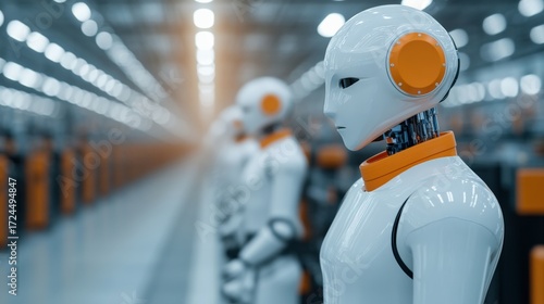 Wallpaper Mural Humanoid robots standing in a row on a factory assembly line, representing future technology, automation, and industrial production Torontodigital.ca