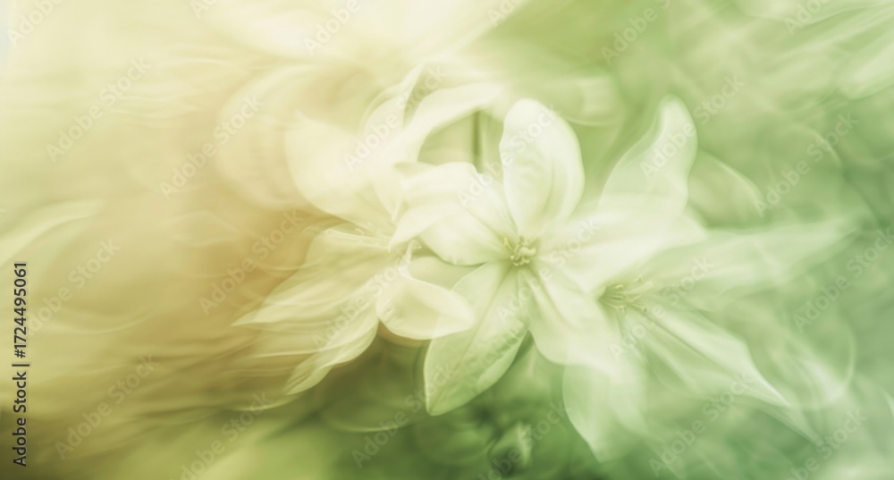 Fototapeta premium Ethereal Bloom: A delicate floral composition with soft, blurred edges, where gentle petals in dreamy tones of gold and jade dance in a display of natural elegance. 