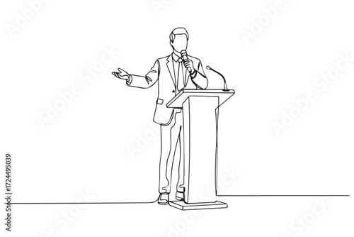 Man speaking at a podium with a microphone isolated on Transparent Background