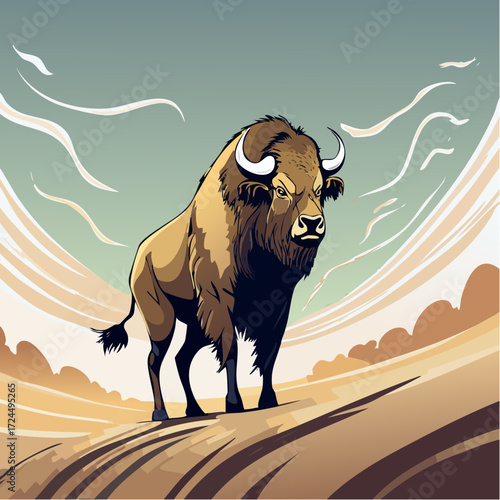 surreal minimal bison apparition in fluid dreamscape with soft shadows and ethereal lines for contemplative art prints