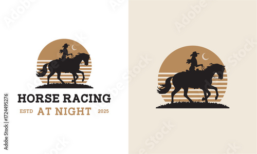 logo of a woman racing horses at night