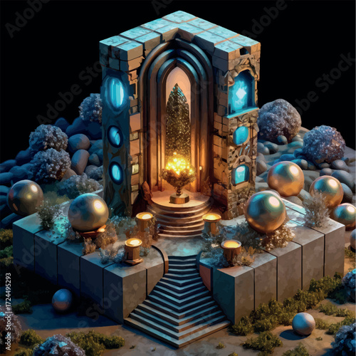 Mystical Portal: An architecturally intricate, cube-shaped structure glows with otherworldly light. A central, arched portal reveals a shimmering, radiant essence.