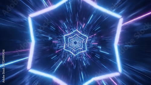 Hypnotic Neon Hexagon Tunnel Zooming Through Digital Space with Blue and Pink Lights