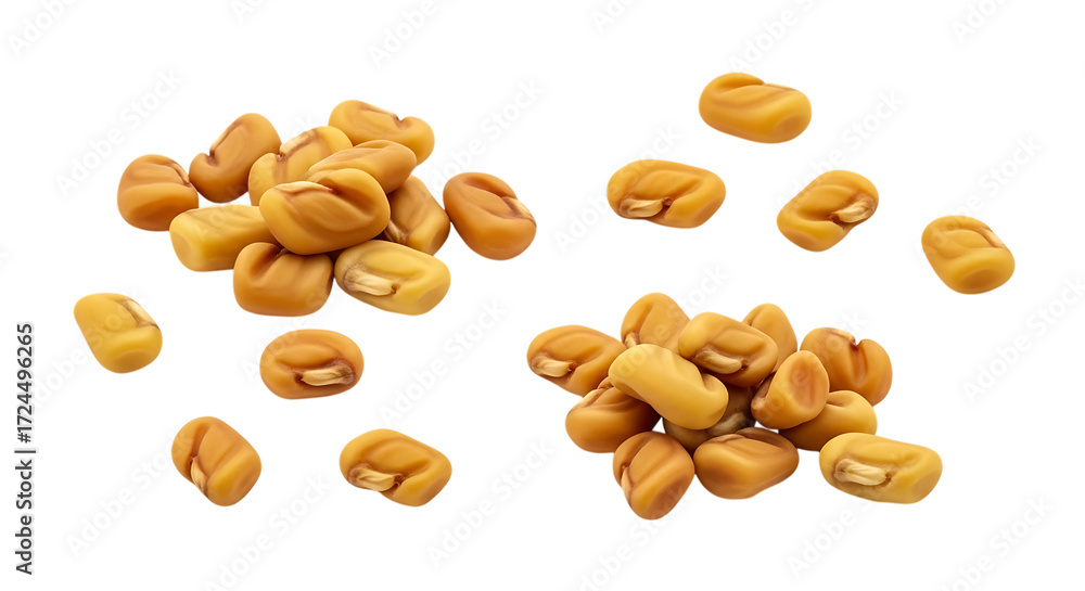 Obraz premium Small piles of fenugreek seeds isolated on transparent background